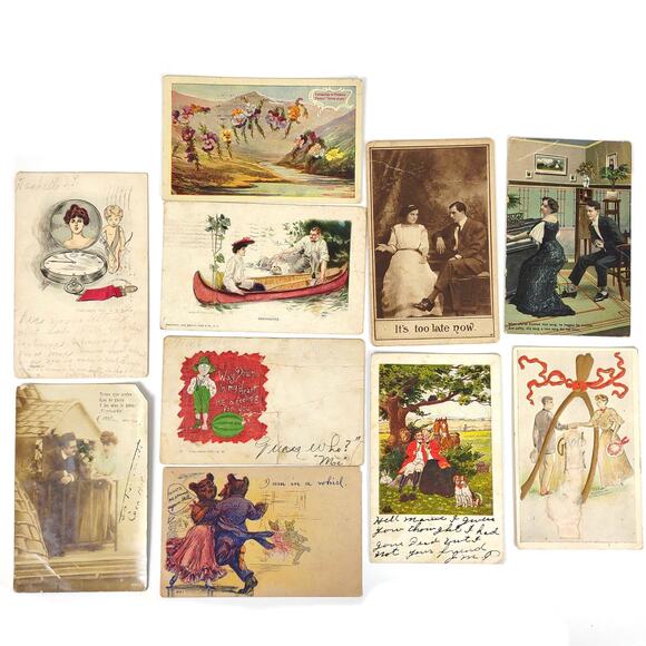 10pc Lot Early 1900s Romantic RPPC & Lithograph Postcards, Cartoon, Equestrian + - Picture 1 of 4